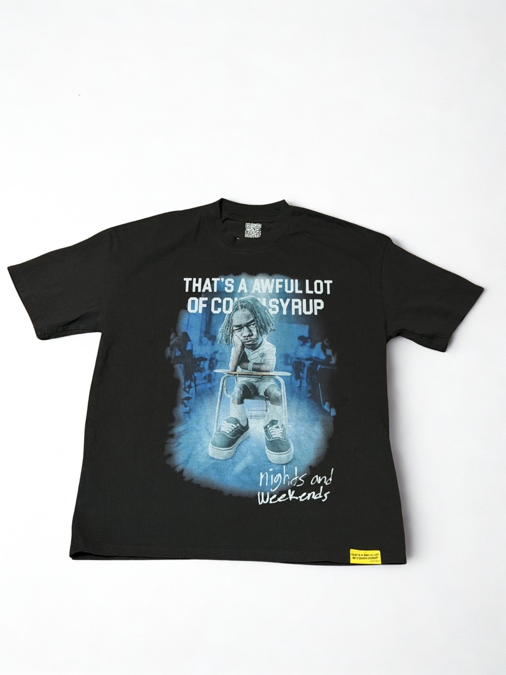 Black Tee with Yellow 'That's a Awful Lot of Cough Syrup' Tag